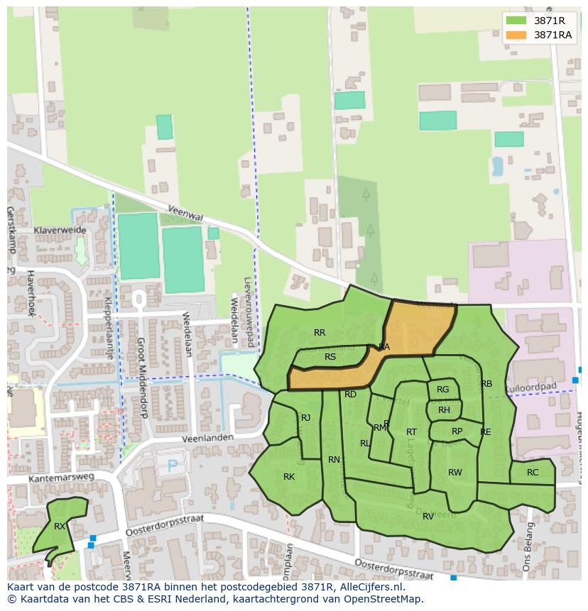Afbeelding van het postcodegebied 3871 RA op de kaart.