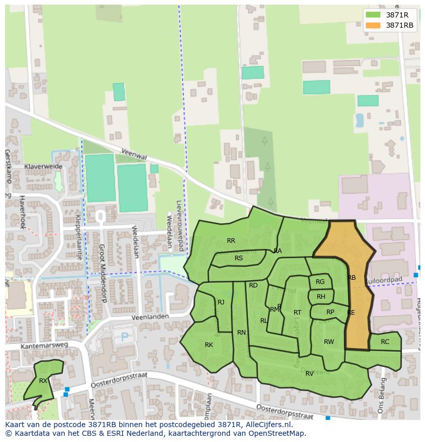 Afbeelding van het postcodegebied 3871 RB op de kaart.