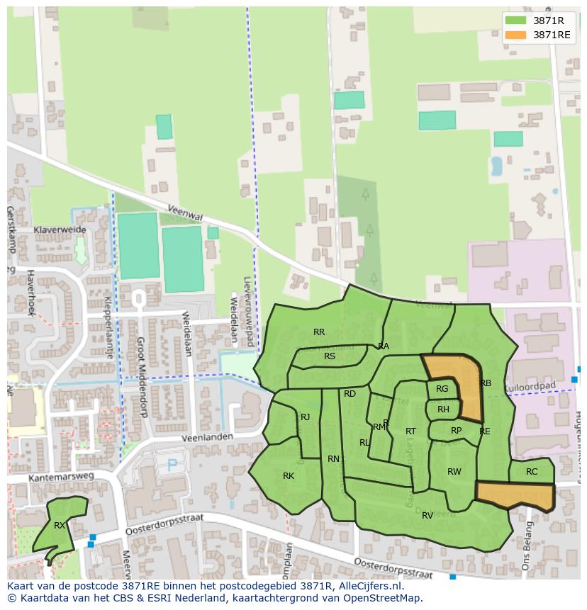 Afbeelding van het postcodegebied 3871 RE op de kaart.