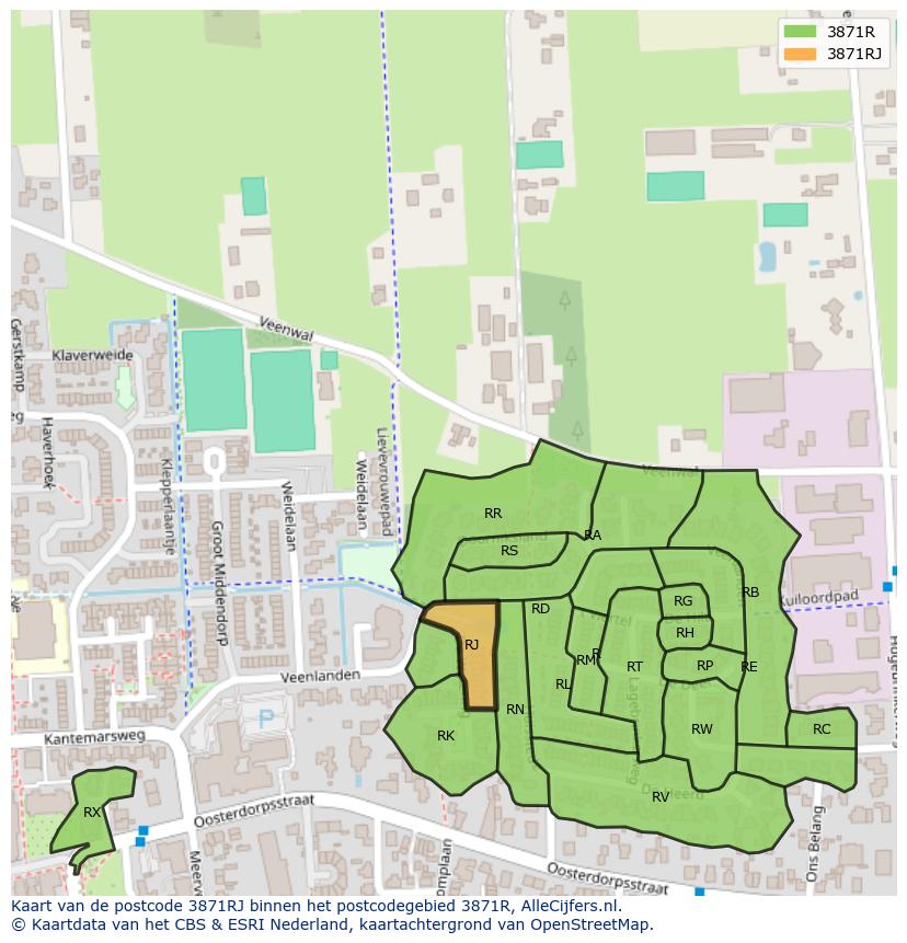 Afbeelding van het postcodegebied 3871 RJ op de kaart.