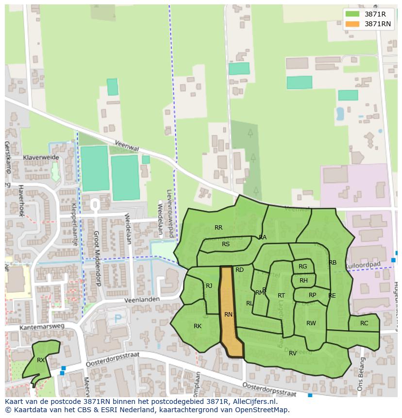 Afbeelding van het postcodegebied 3871 RN op de kaart.