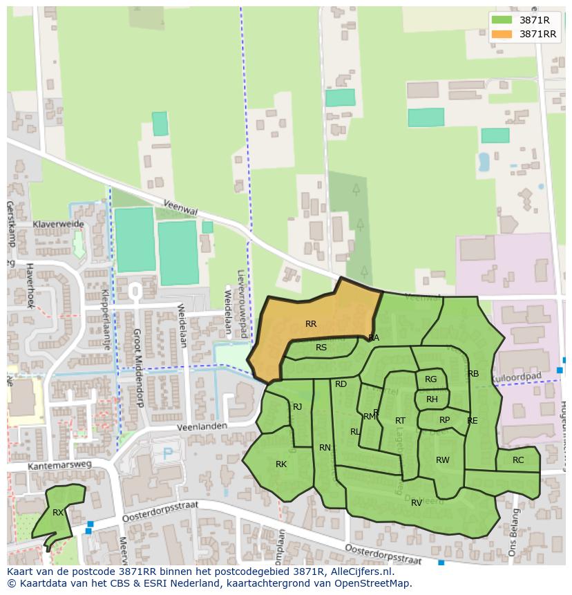 Afbeelding van het postcodegebied 3871 RR op de kaart.