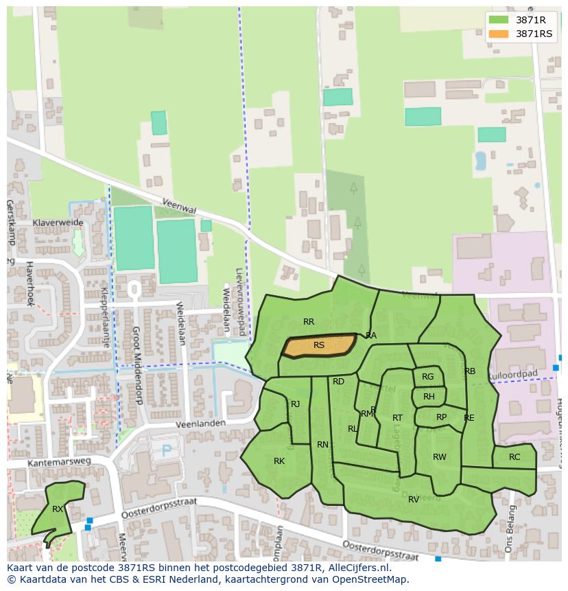 Afbeelding van het postcodegebied 3871 RS op de kaart.