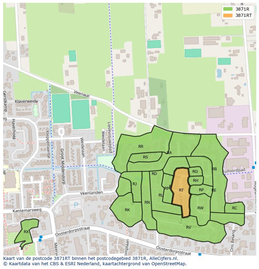 Afbeelding van het postcodegebied 3871 RT op de kaart.