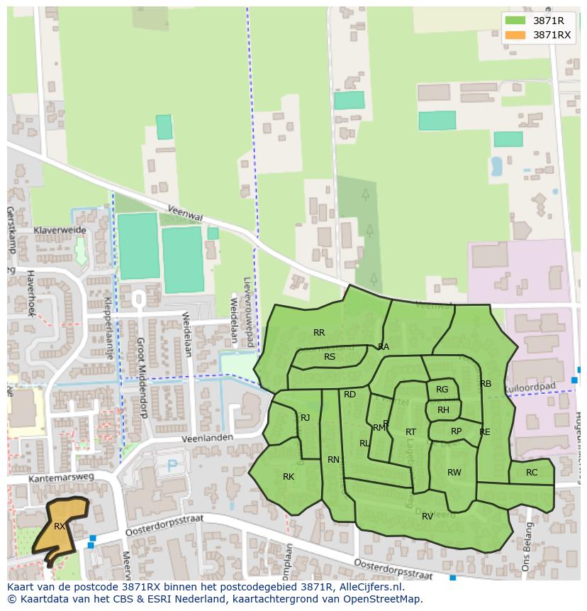Afbeelding van het postcodegebied 3871 RX op de kaart.
