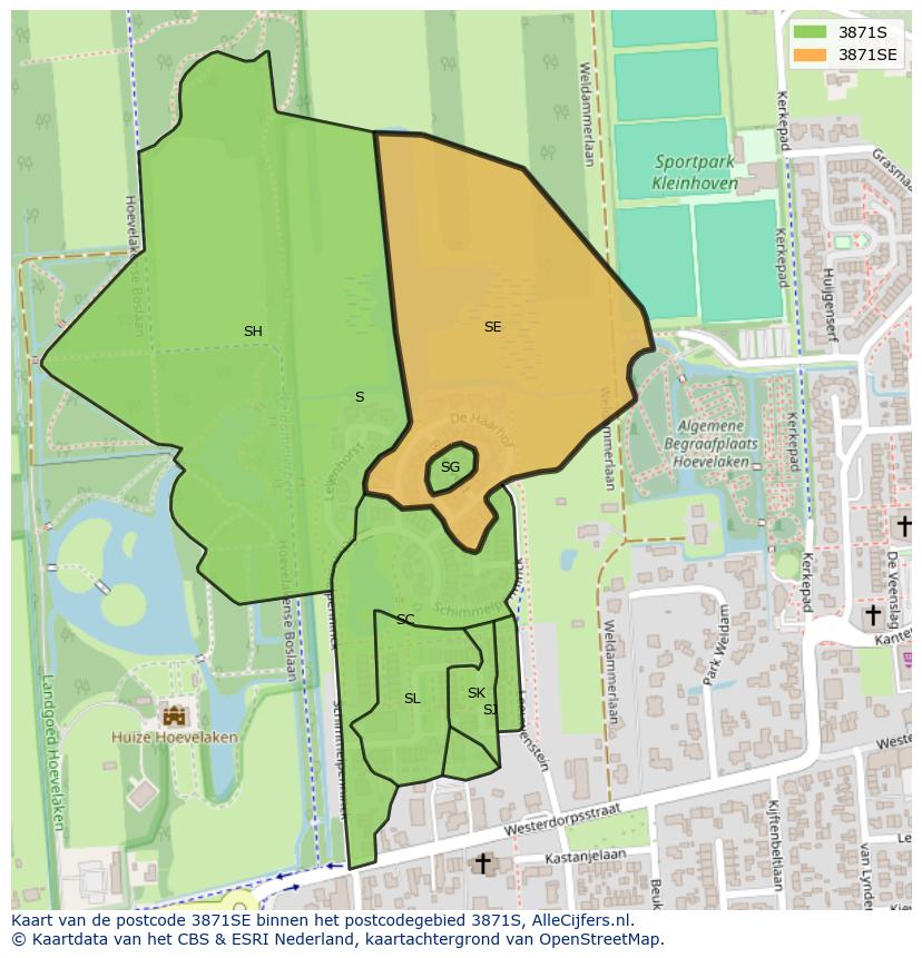 Afbeelding van het postcodegebied 3871 SE op de kaart.