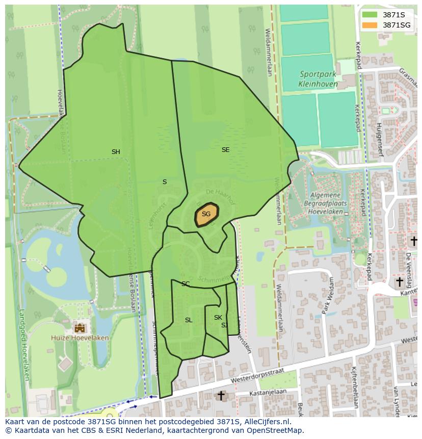 Afbeelding van het postcodegebied 3871 SG op de kaart.