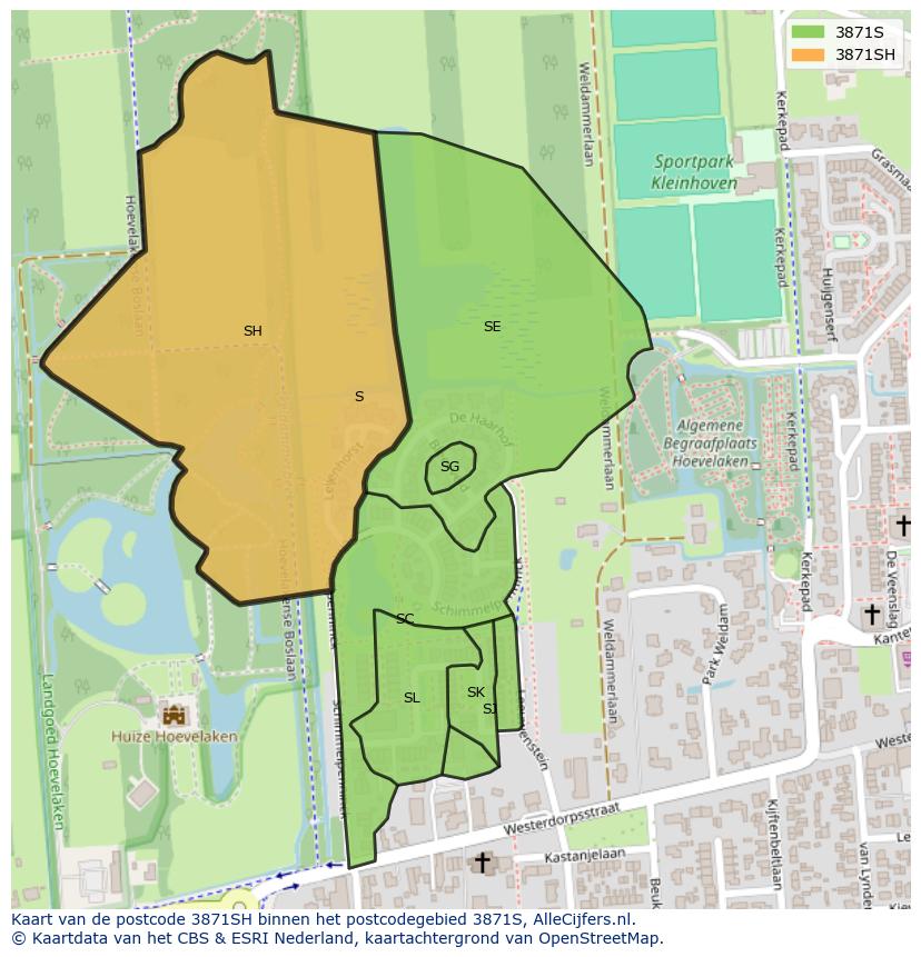 Afbeelding van het postcodegebied 3871 SH op de kaart.