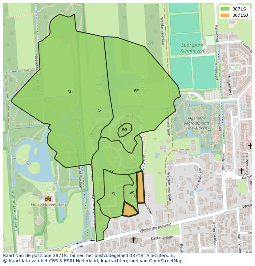 Afbeelding van het postcodegebied 3871 SJ op de kaart.
