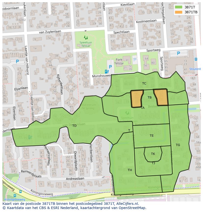 Afbeelding van het postcodegebied 3871 TB op de kaart.