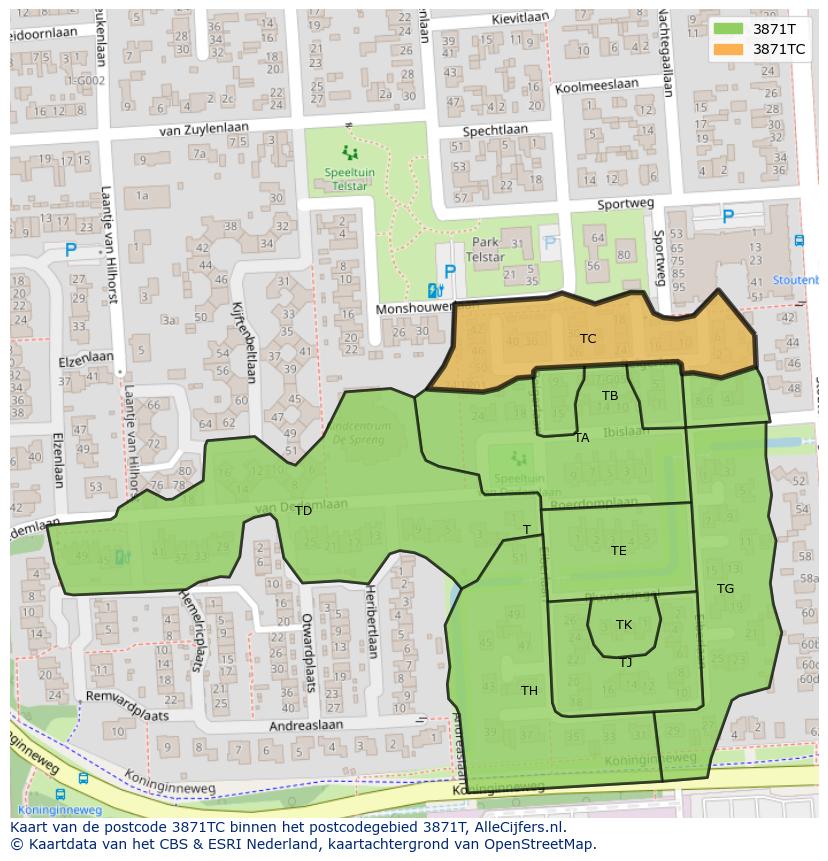 Afbeelding van het postcodegebied 3871 TC op de kaart.