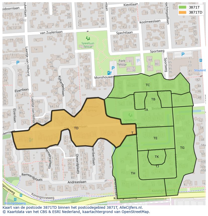 Afbeelding van het postcodegebied 3871 TD op de kaart.