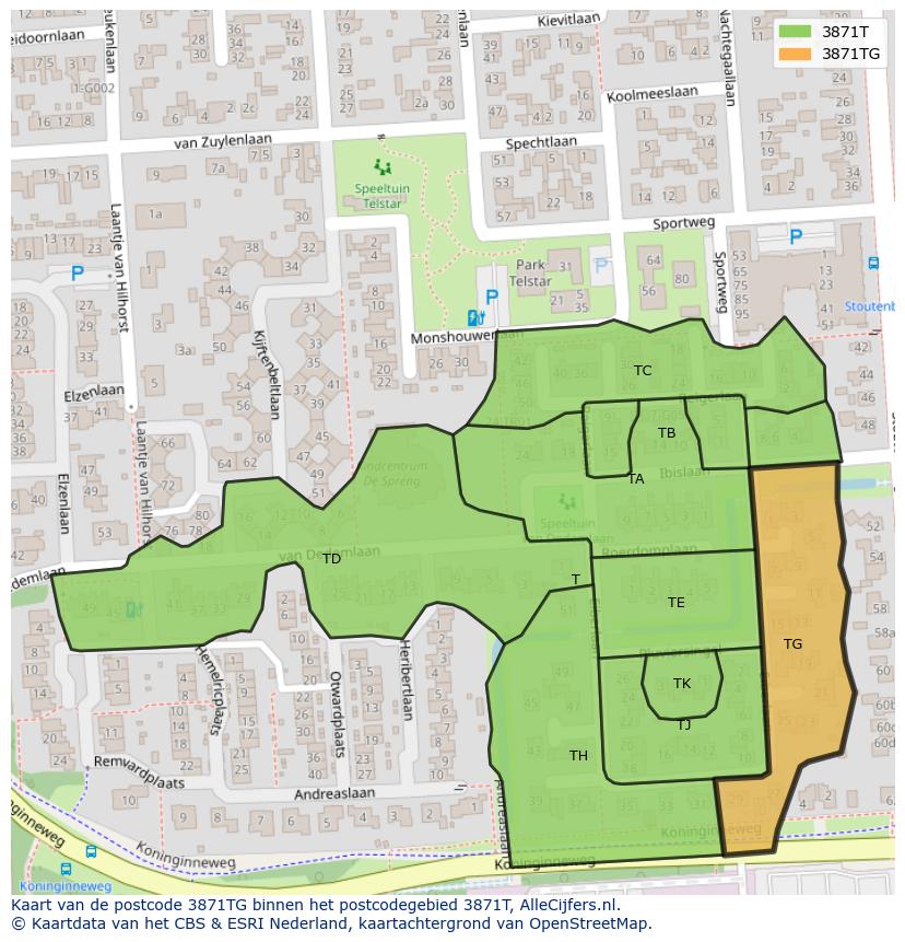 Afbeelding van het postcodegebied 3871 TG op de kaart.