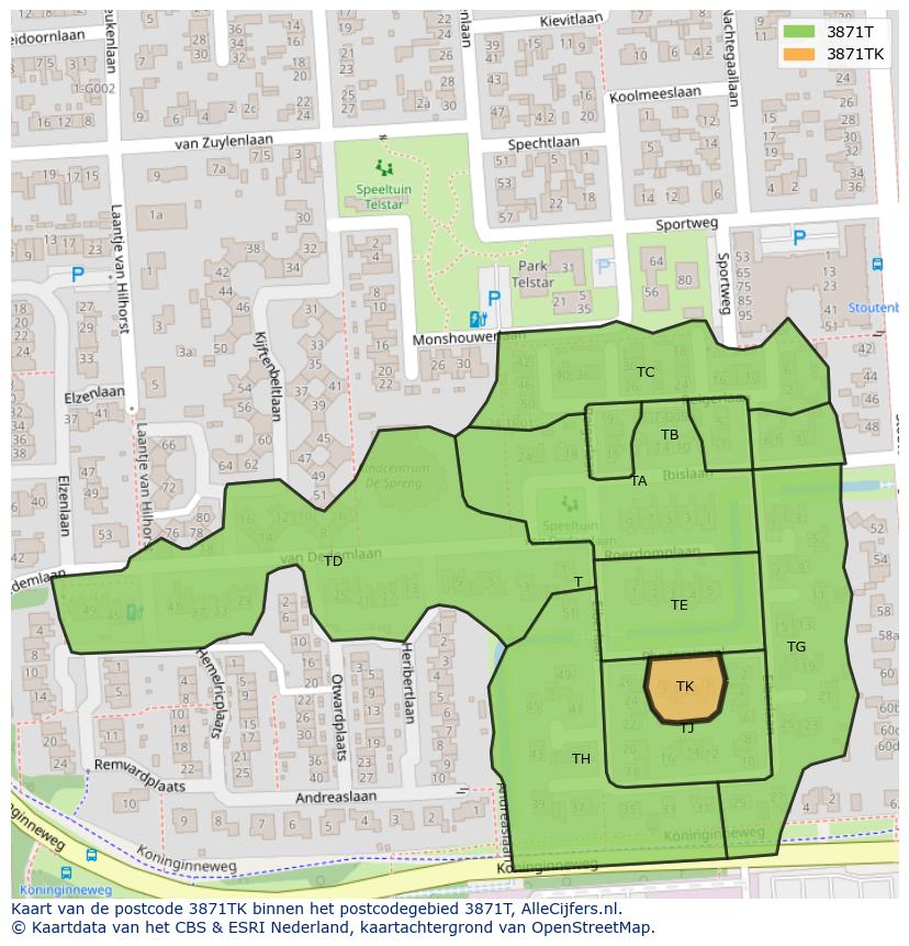 Afbeelding van het postcodegebied 3871 TK op de kaart.