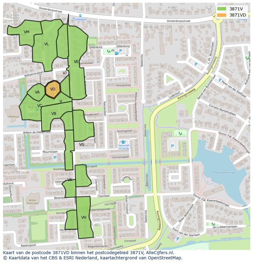 Afbeelding van het postcodegebied 3871 VD op de kaart.