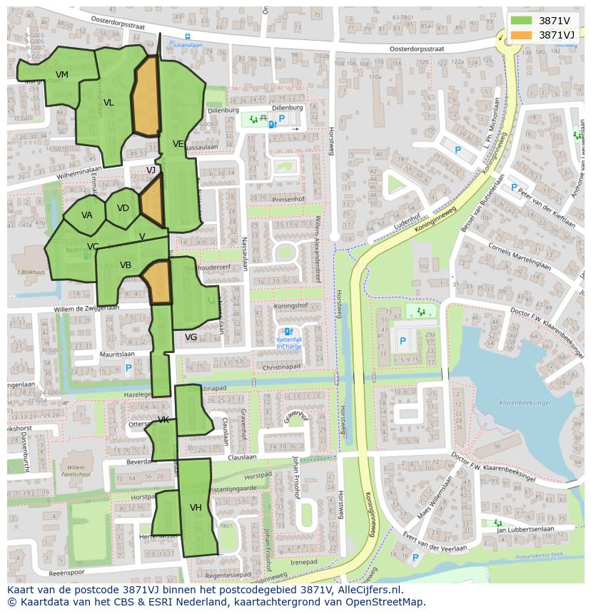 Afbeelding van het postcodegebied 3871 VJ op de kaart.