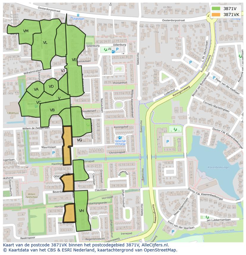 Afbeelding van het postcodegebied 3871 VK op de kaart.