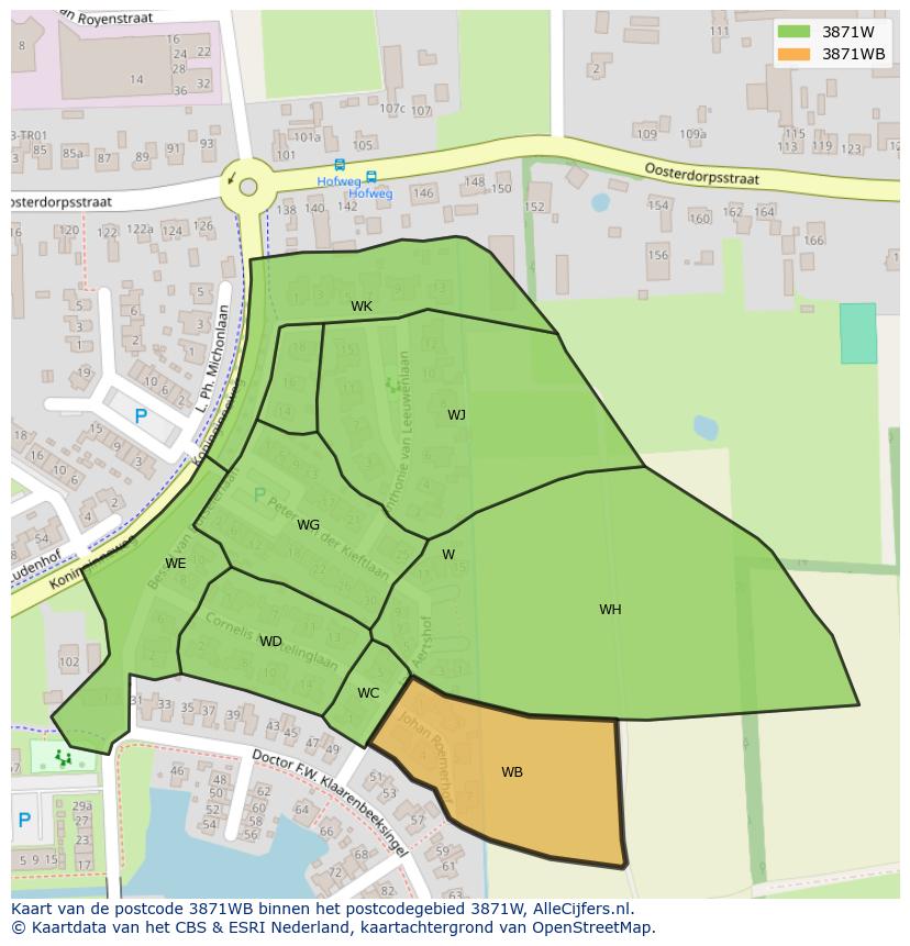Afbeelding van het postcodegebied 3871 WB op de kaart.