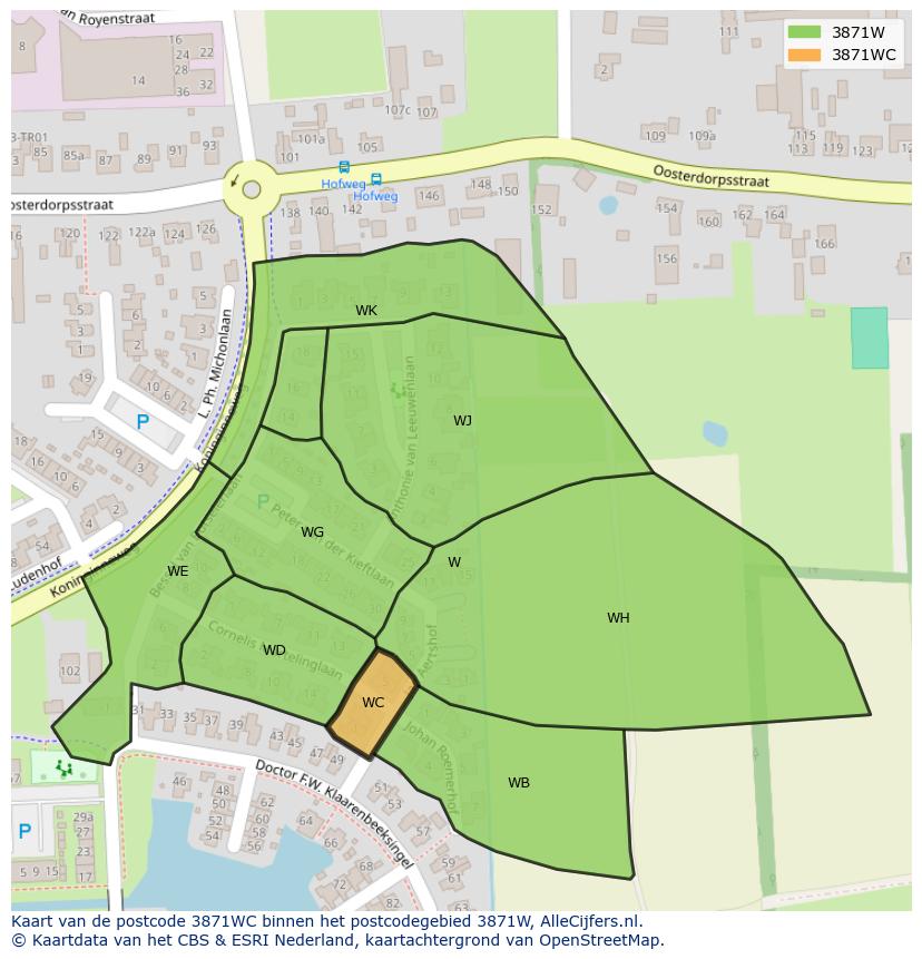 Afbeelding van het postcodegebied 3871 WC op de kaart.
