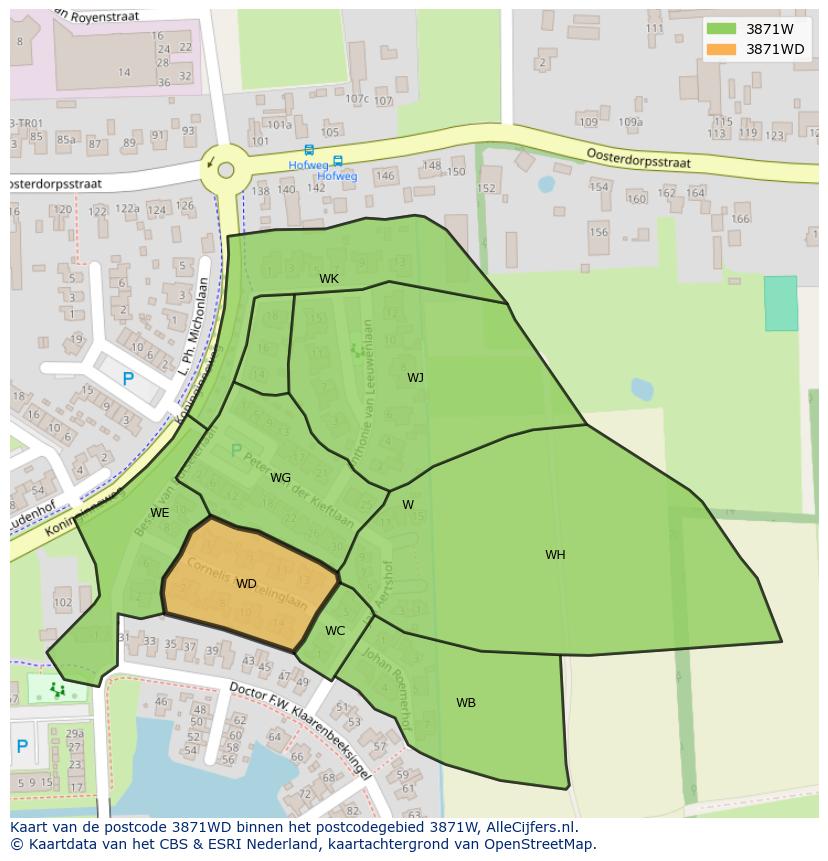 Afbeelding van het postcodegebied 3871 WD op de kaart.