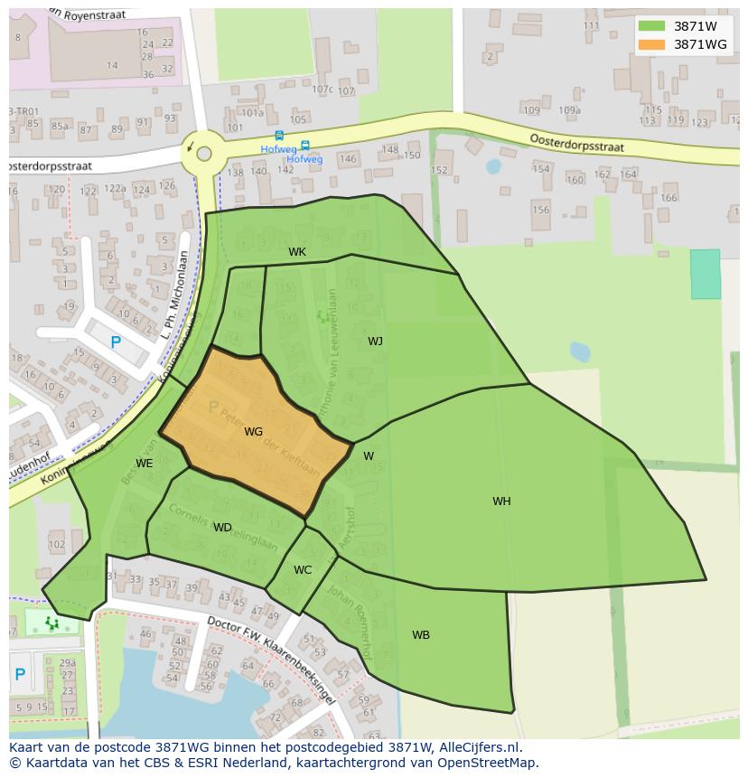 Afbeelding van het postcodegebied 3871 WG op de kaart.