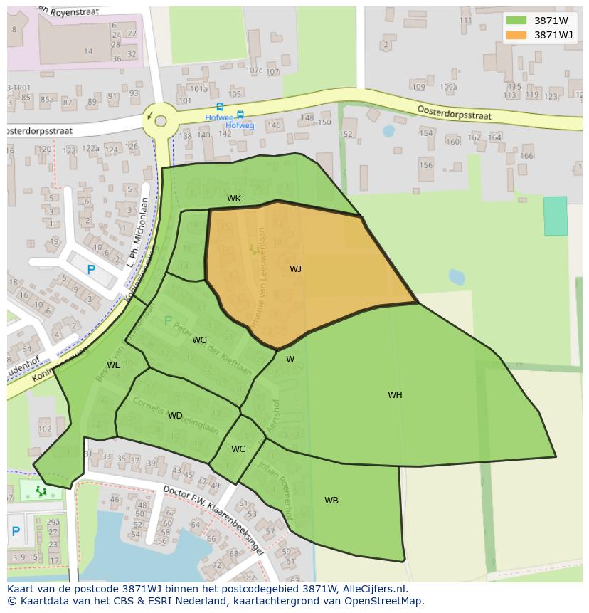 Afbeelding van het postcodegebied 3871 WJ op de kaart.