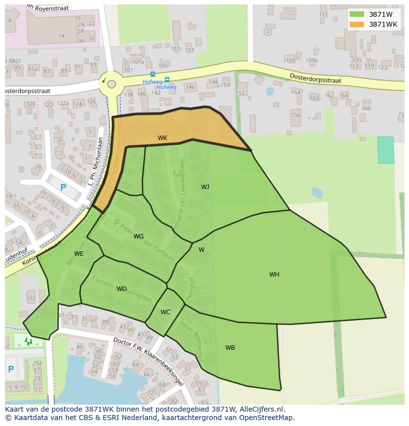 Afbeelding van het postcodegebied 3871 WK op de kaart.