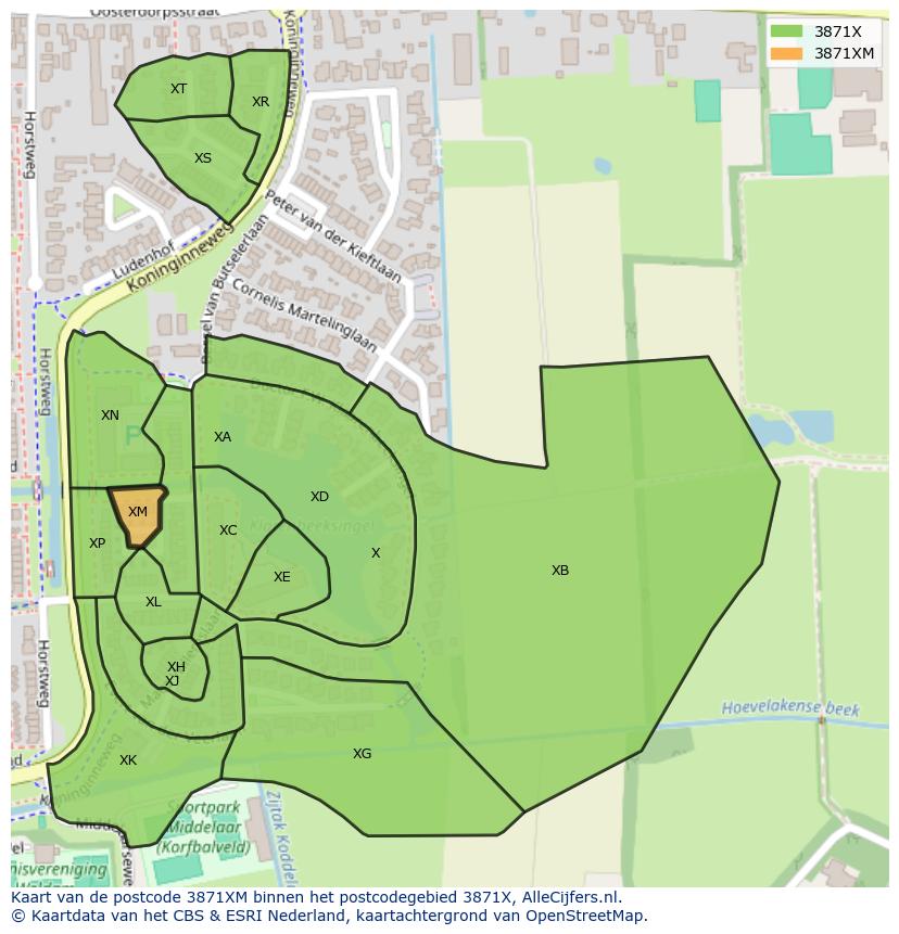 Afbeelding van het postcodegebied 3871 XM op de kaart.
