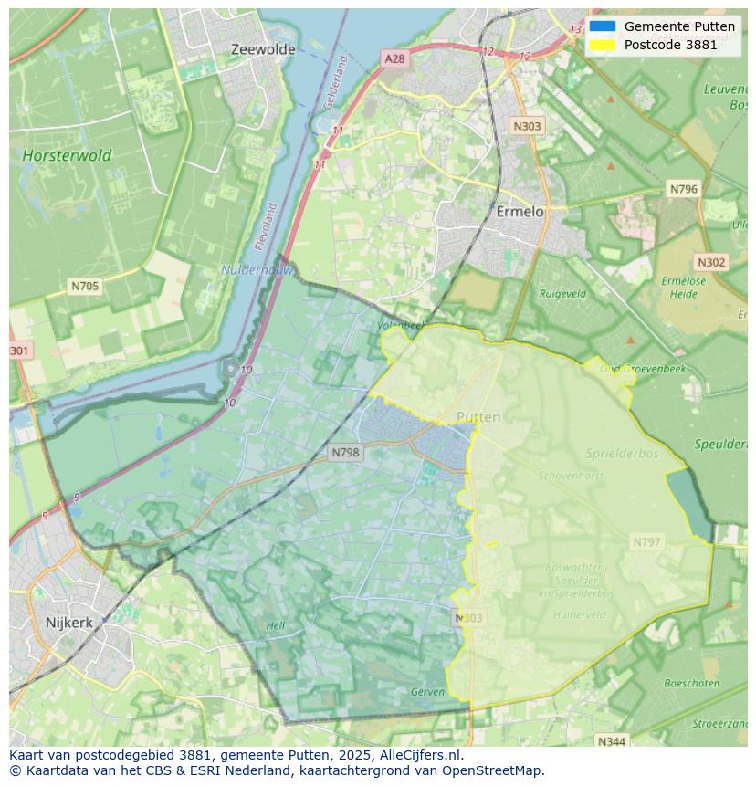 Afbeelding van het postcodegebied 3881 op de kaart.