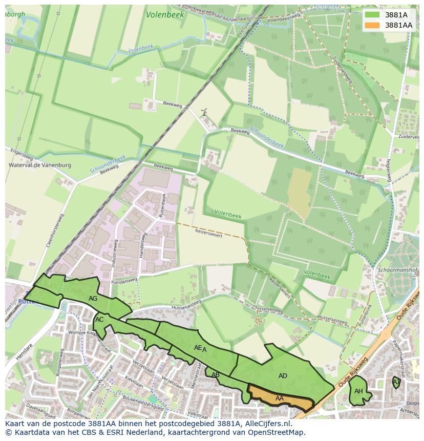 Afbeelding van het postcodegebied 3881 AA op de kaart.
