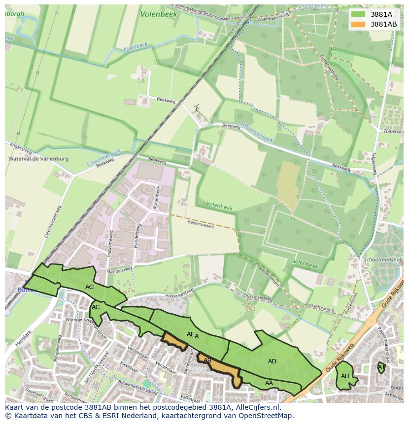 Afbeelding van het postcodegebied 3881 AB op de kaart.