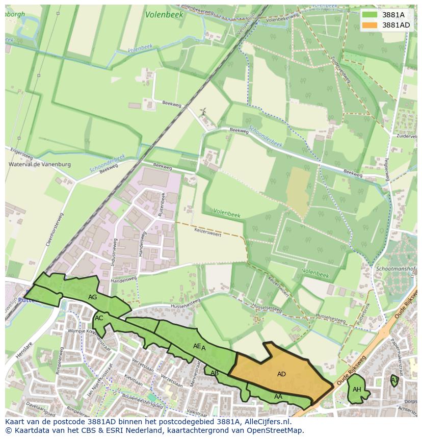 Afbeelding van het postcodegebied 3881 AD op de kaart.