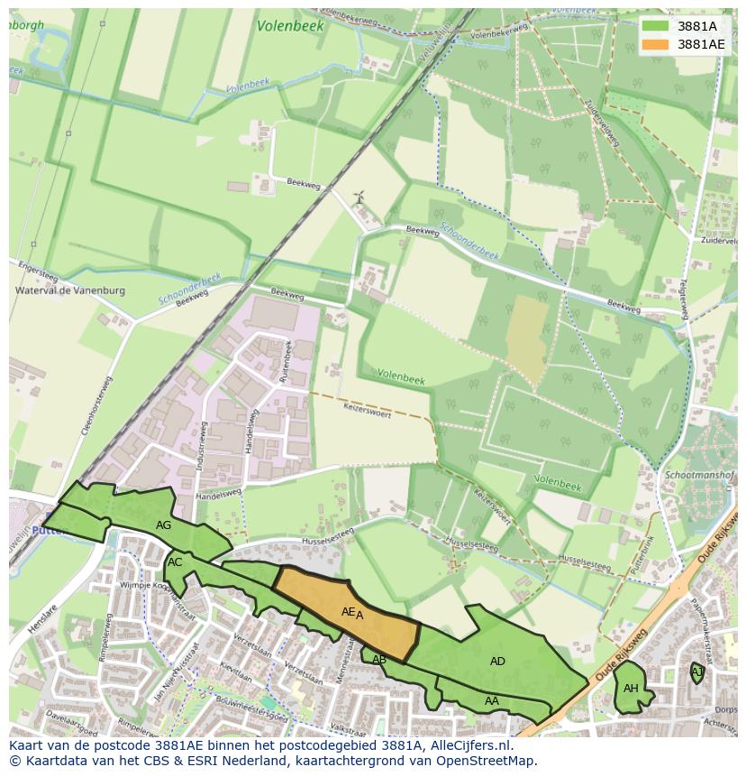 Afbeelding van het postcodegebied 3881 AE op de kaart.