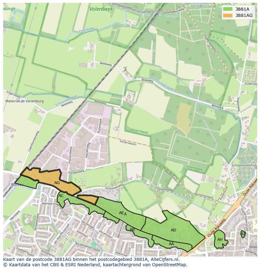 Afbeelding van het postcodegebied 3881 AG op de kaart.