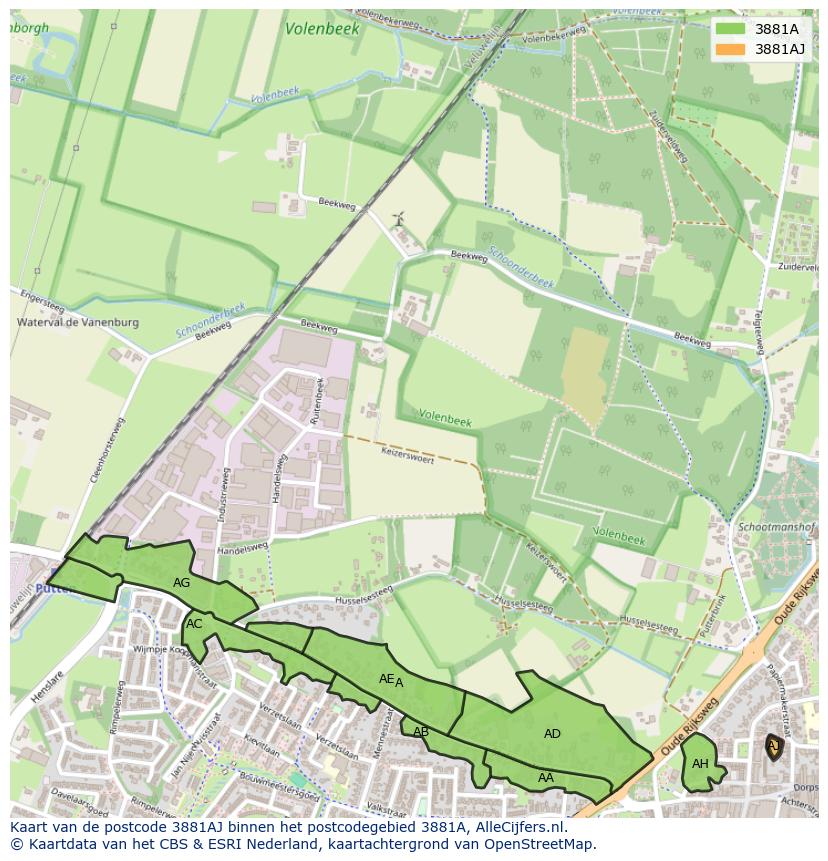 Afbeelding van het postcodegebied 3881 AJ op de kaart.