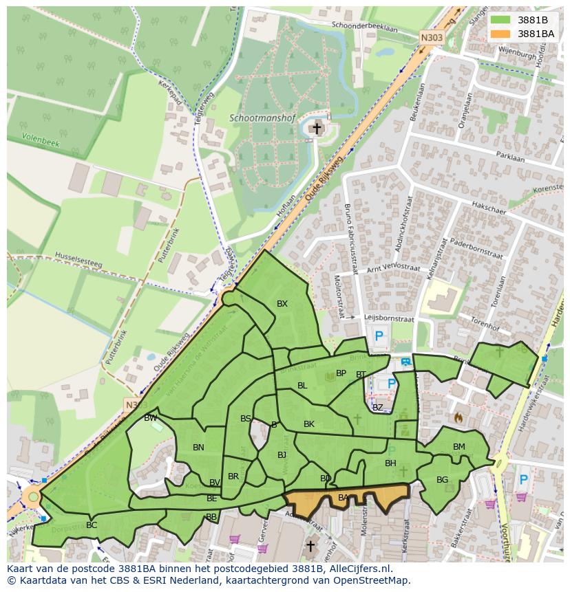 Afbeelding van het postcodegebied 3881 BA op de kaart.