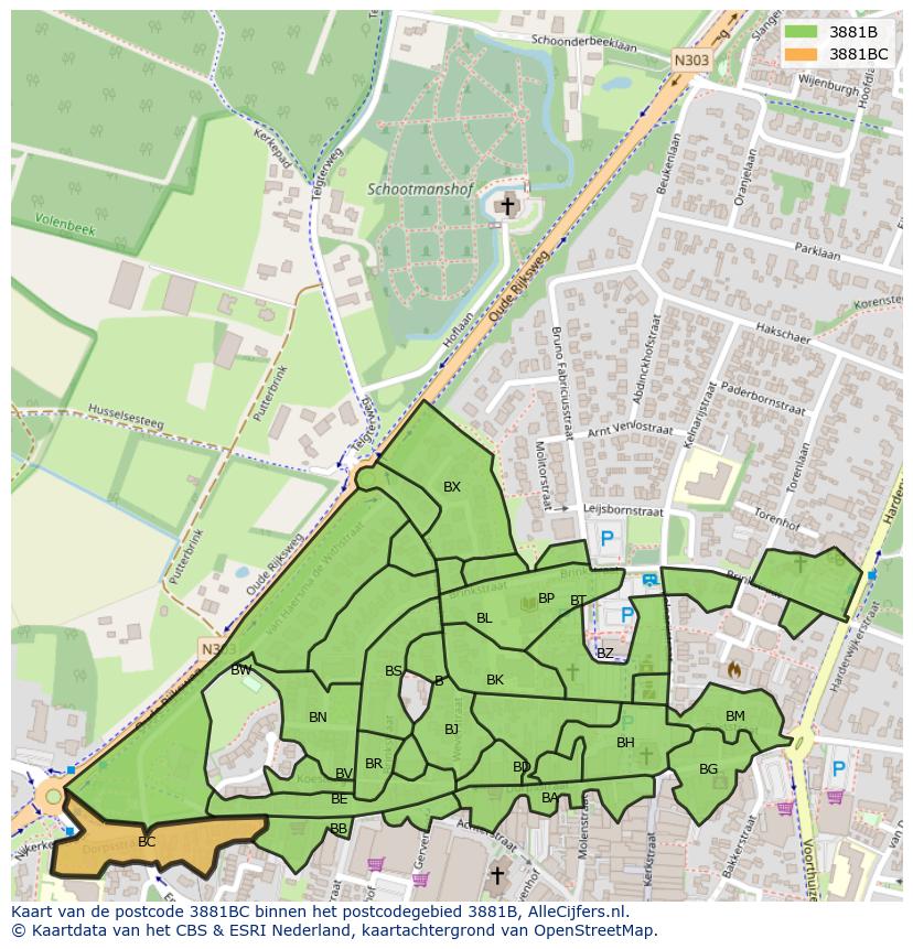 Afbeelding van het postcodegebied 3881 BC op de kaart.