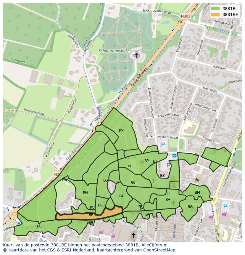 Afbeelding van het postcodegebied 3881 BE op de kaart.