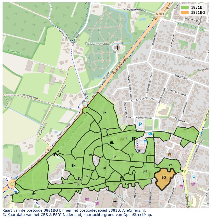 Afbeelding van het postcodegebied 3881 BG op de kaart.