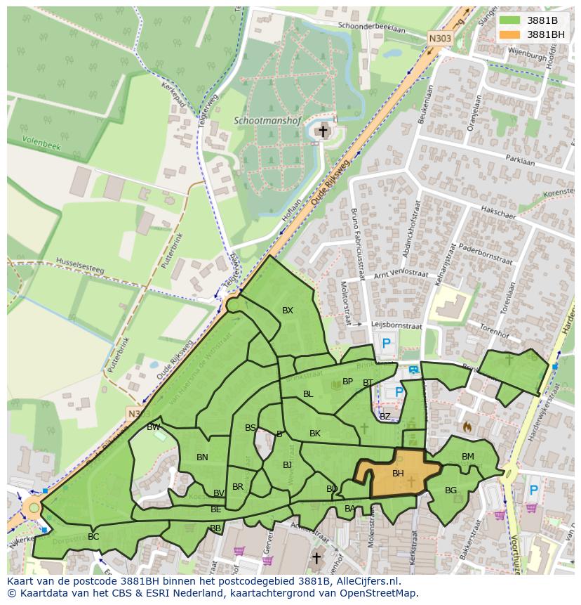 Afbeelding van het postcodegebied 3881 BH op de kaart.