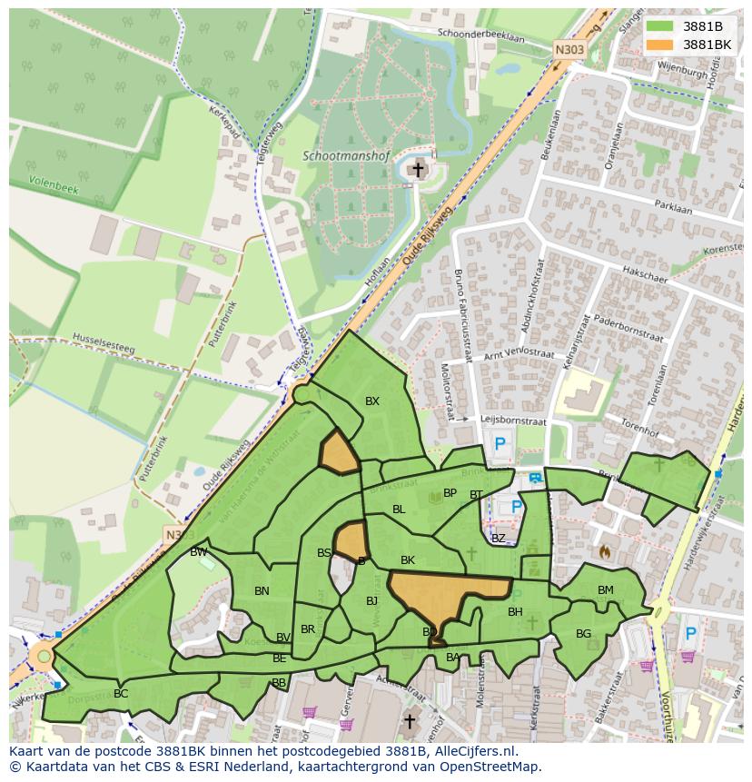 Afbeelding van het postcodegebied 3881 BK op de kaart.