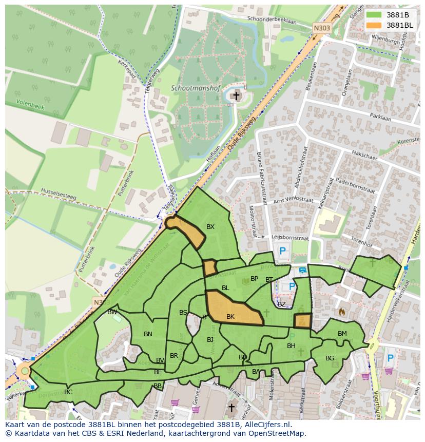Afbeelding van het postcodegebied 3881 BL op de kaart.