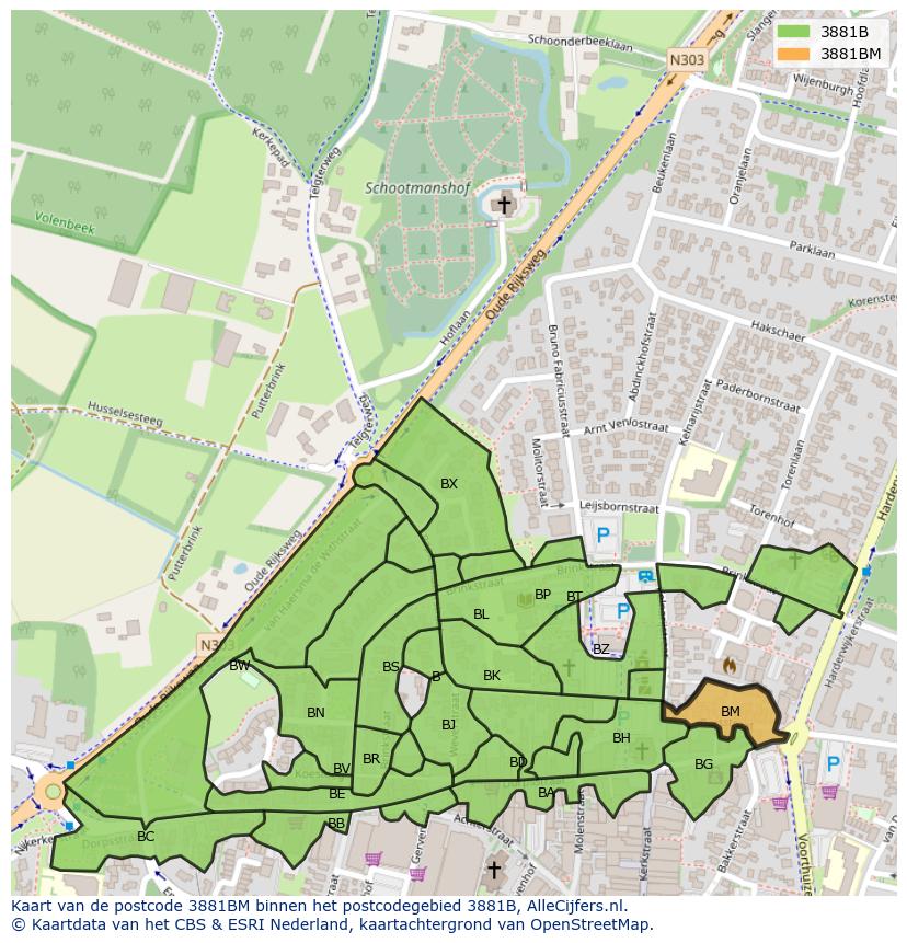 Afbeelding van het postcodegebied 3881 BM op de kaart.