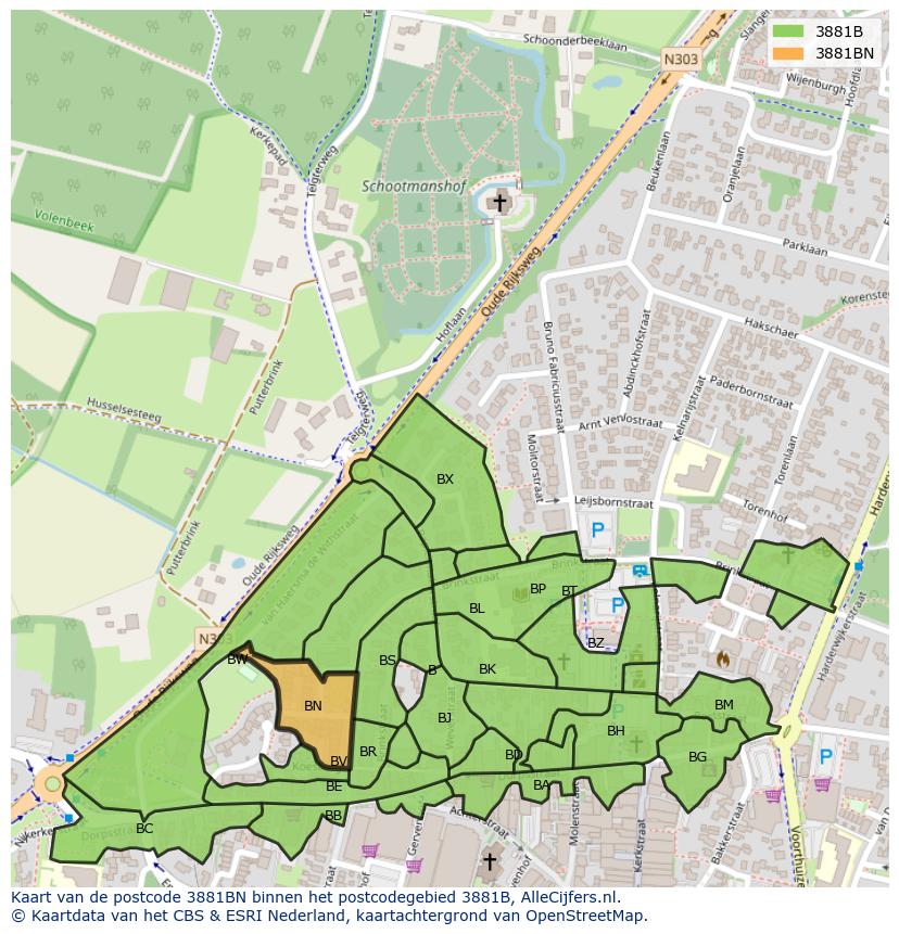 Afbeelding van het postcodegebied 3881 BN op de kaart.