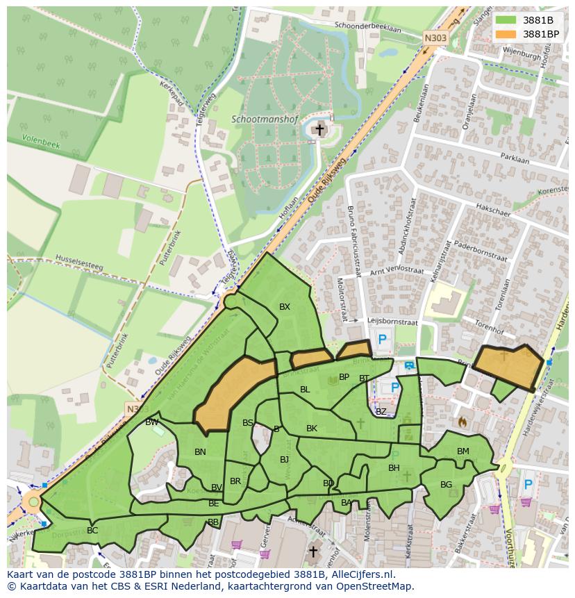 Afbeelding van het postcodegebied 3881 BP op de kaart.