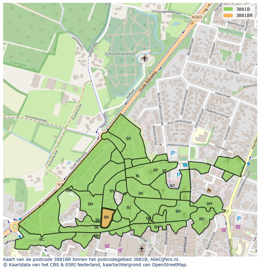 Afbeelding van het postcodegebied 3881 BR op de kaart.