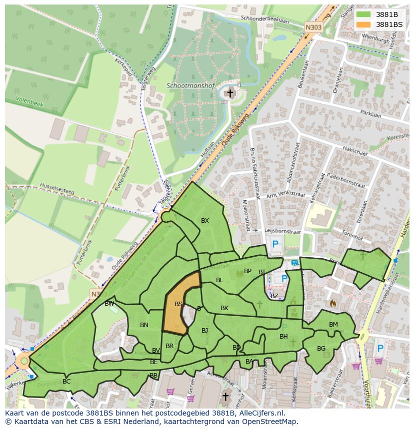 Afbeelding van het postcodegebied 3881 BS op de kaart.
