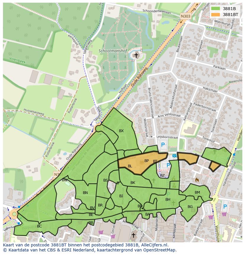 Afbeelding van het postcodegebied 3881 BT op de kaart.