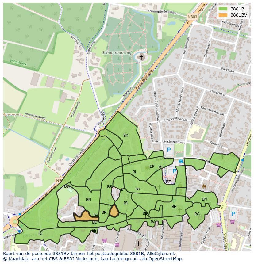 Afbeelding van het postcodegebied 3881 BV op de kaart.
