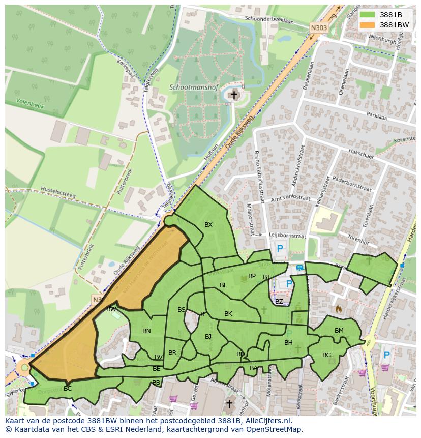Afbeelding van het postcodegebied 3881 BW op de kaart.